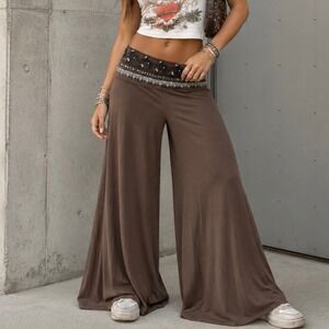 Y2K Fang Wide Leg Embellished Palazzo Pants S Khaki Smocked Elastic Waist Boho